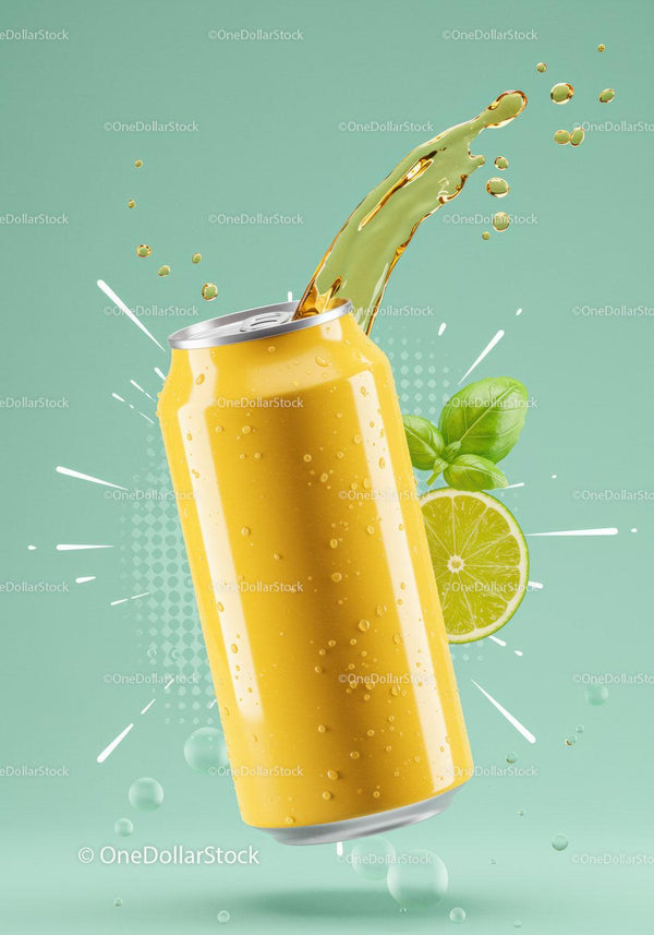 Refreshing Lemon Drink Splash from Bright Yellow Can JPG Mockup Image