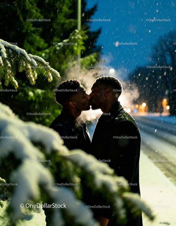 Couple sharing a tender kiss in snowy winter night