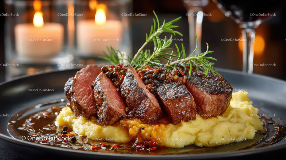 Juicy Steak with Mashed Potatoes and Herb Garnish in Elegant Restaurant