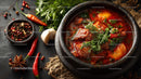 Spicy Asian Beef Stew with Rice and Fresh Herbs in a Black Stone Bowl
