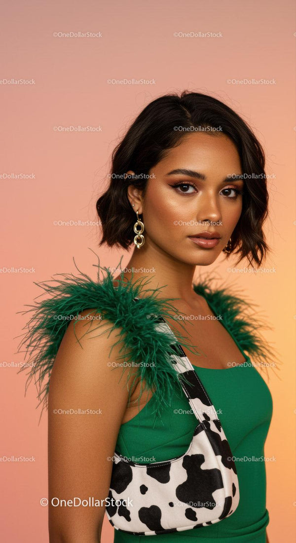 Elegant Woman with Black Wavy Hair in Green Dress and Animal Print Bag