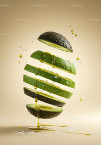 Sliced avocado with olive oil and salt on beige background