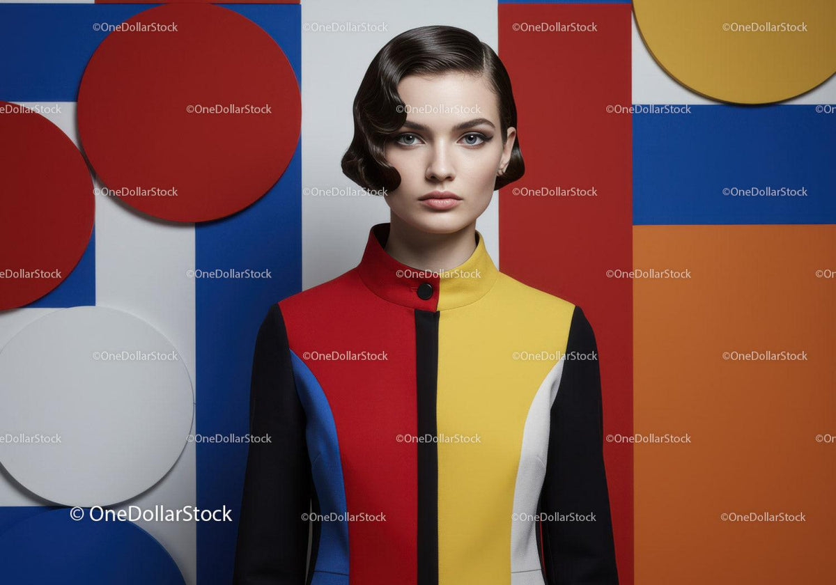 Modern woman in colorful geometric fashion outfit