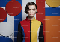 Modern woman in colorful geometric fashion outfit