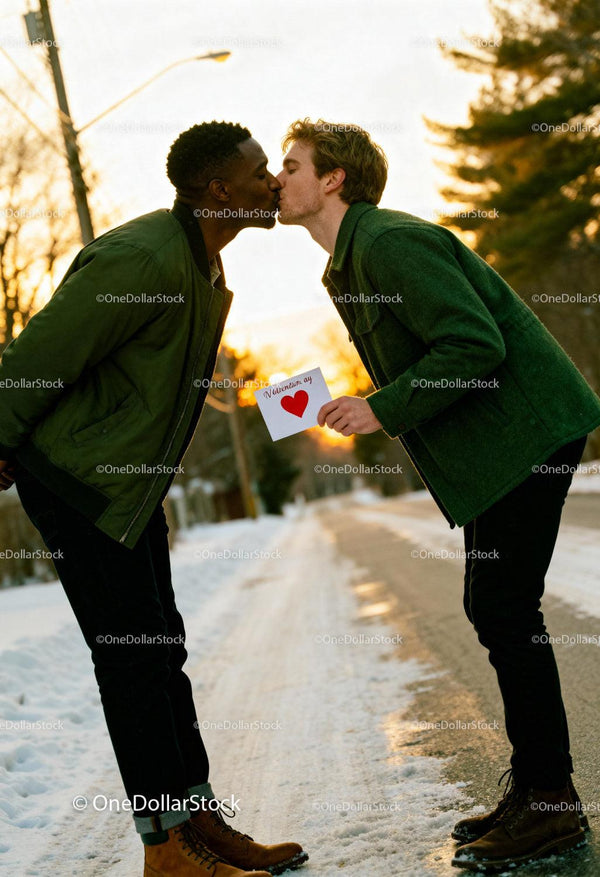 Couple sharing a tender Valentine kiss outdoors