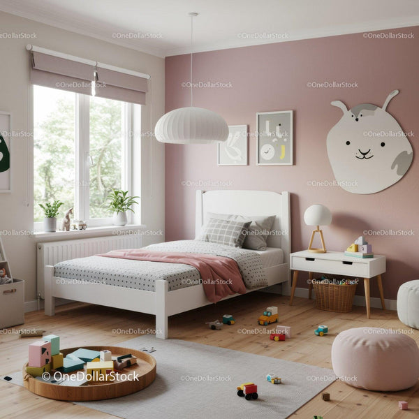 Charming Kids Bedroom with Pink Accent Wall and Playful Decor