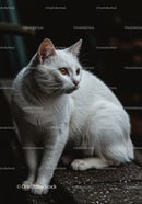 White cat with golden eyes sitting on stone steps