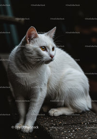 White cat with golden eyes sitting on stone steps
