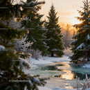Winter landscape with snow covered pine trees and frozen stream