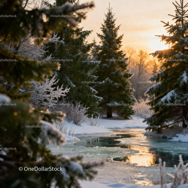 Winter landscape with snow covered pine trees and frozen stream