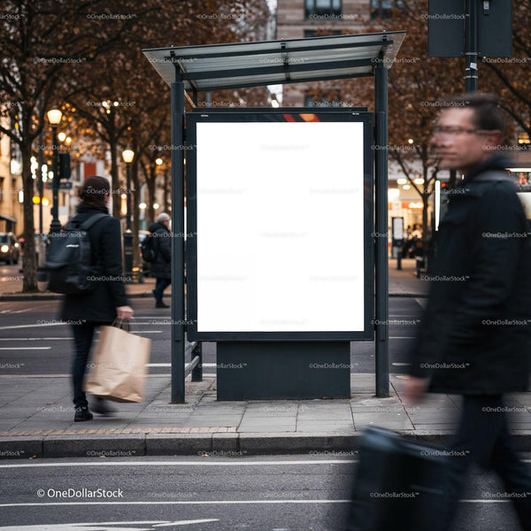 Empty urban bus stop advertising board at dusk JPG Mockup Image