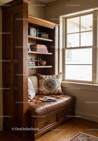 Cozy Reading Nook with Leather Bench and Wooden Bookshelf in Bright Sunlit Room