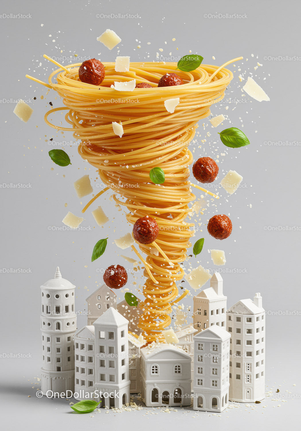 Spaghetti Tornado with Meatballs and Parmesan Over Miniature City
