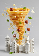 Spaghetti Tornado with Meatballs and Parmesan Over Miniature City
