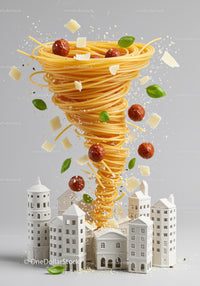 Spaghetti Tornado with Meatballs and Parmesan Over Miniature City