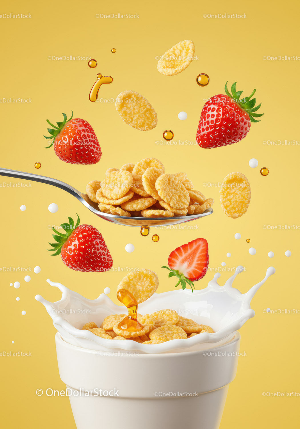 Breakfast cereal with fresh strawberries and honey splash