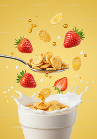 Breakfast cereal with fresh strawberries and honey splash