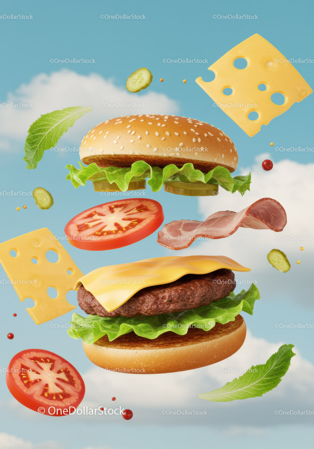 Klasyczne składniki cheeseburgera unoszące się na błękitnym niebie