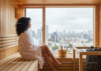 Relaxing Woman Sitting in Sauna with City View in Modern Wellness Center
