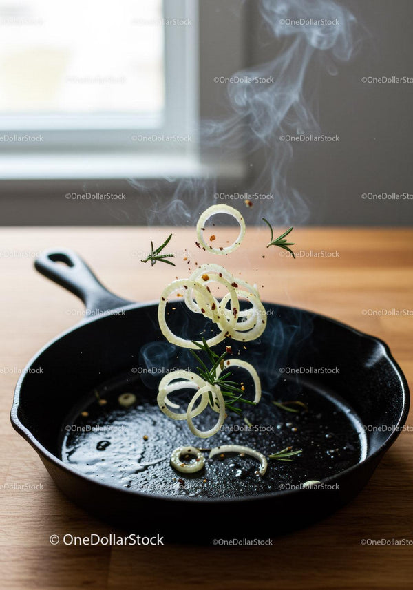 Fresh onion rings and rosemary sizzling in cast iron pan
