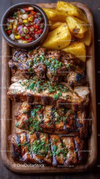 Grilled Pork Ribs with Potato Wedges and Fresh Salsa on Wooden Platter
