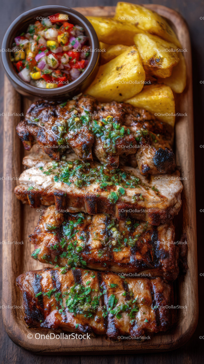 Grilled Pork Ribs with Potato Wedges and Fresh Salsa on Wooden Platter