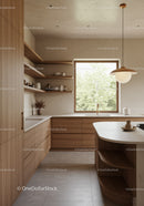 Modern minimalist kitchen with natural wood accents and large window