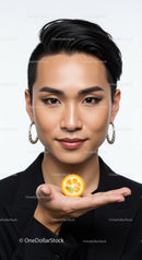 Confident Asian Woman Holding Lemon Slice in Stylish Black Blazer