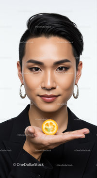 Confident Asian Woman Holding Lemon Slice in Stylish Black Blazer