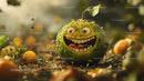 Whimsical Smiling Cucumber Character in a Lush Garden Scene