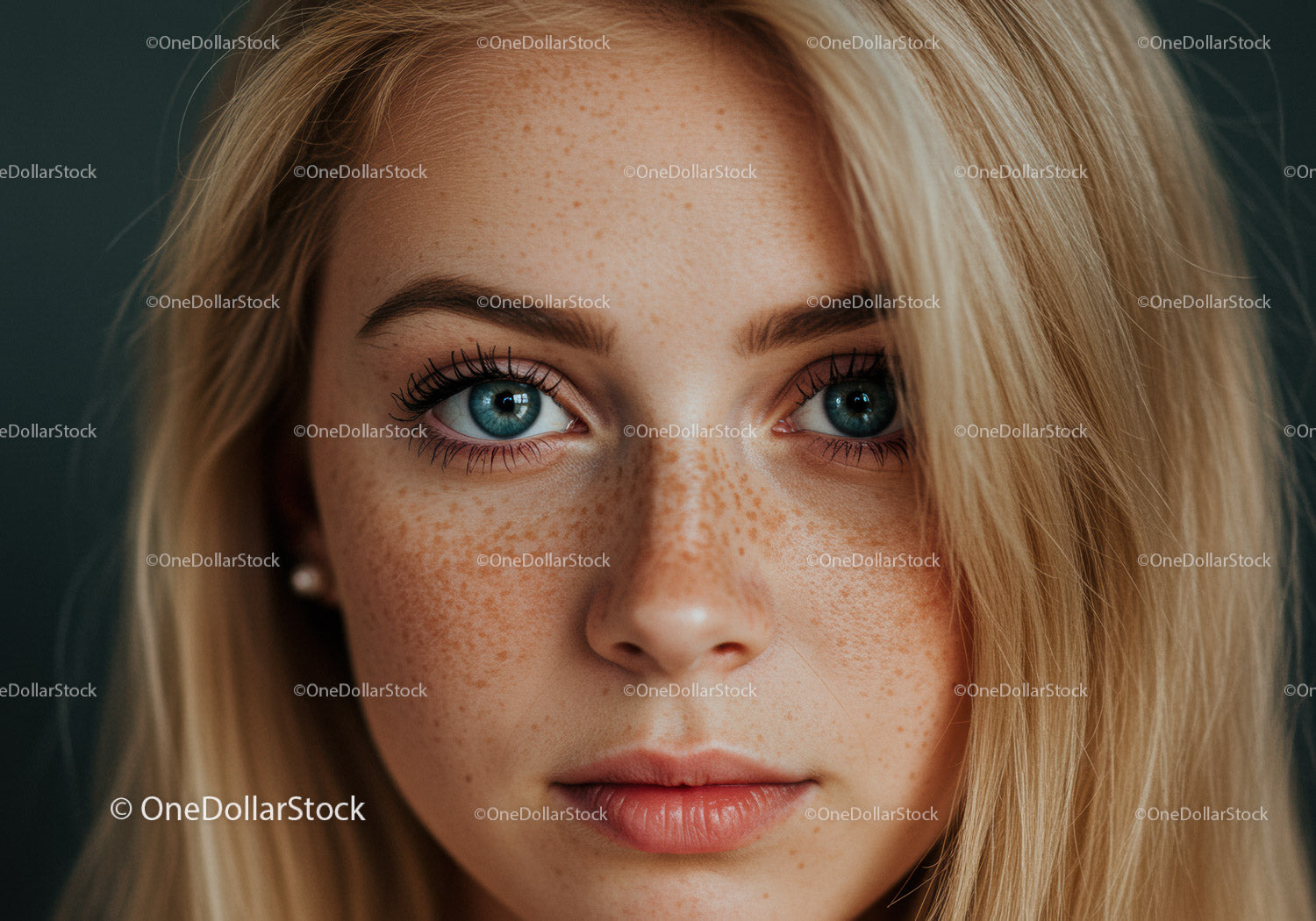 Close up portrait of young woman with freckles and blue eyes