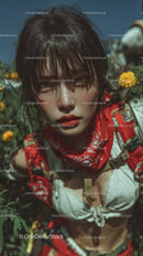 Young Woman with Wet Hair and Red Bandana in Sunlit Garden