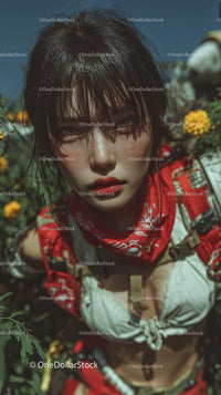 Young Woman with Wet Hair and Red Bandana in Sunlit Garden