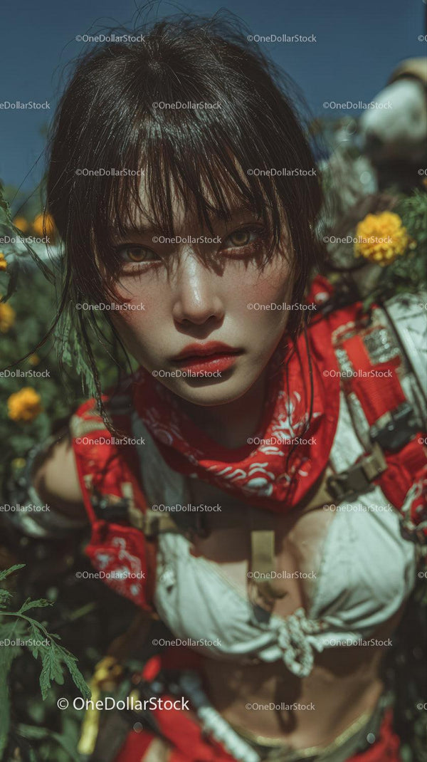Young Woman with Wet Hair and Red Bandana in Sunlit Garden