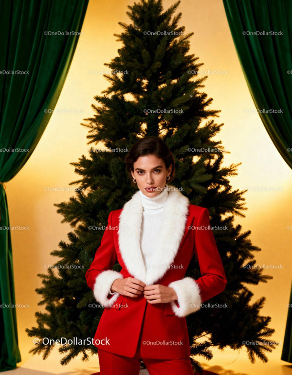 Woman in Red Santa Suit Standing by Christmas Tree