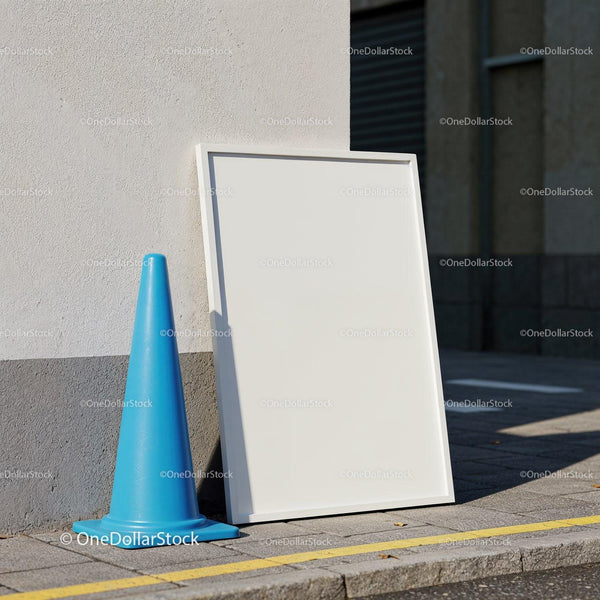 Blank white frame leaning on wall near blue traffic cone JPG Mockup Image