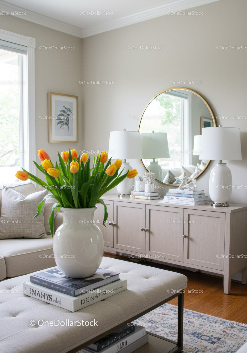 Bright and Cozy Living Room with Tulips and Elegant Decor