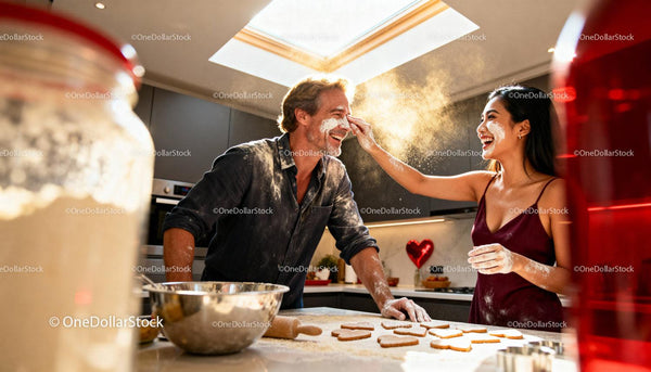 Couple Playfully Baking Heart-Shaped Cookies Together