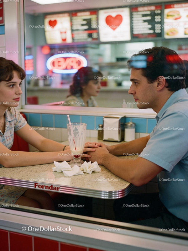 Young couple sharing tender moment in retro diner