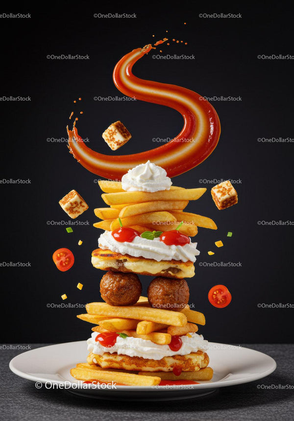 Stack of Fries Meatballs and Sauces in Creative Plating