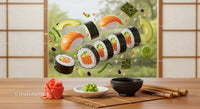 Fresh salmon sushi rolls with avocado and soy sauce set