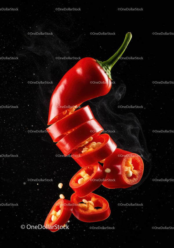 Fresh sliced red chili pepper with seeds floating