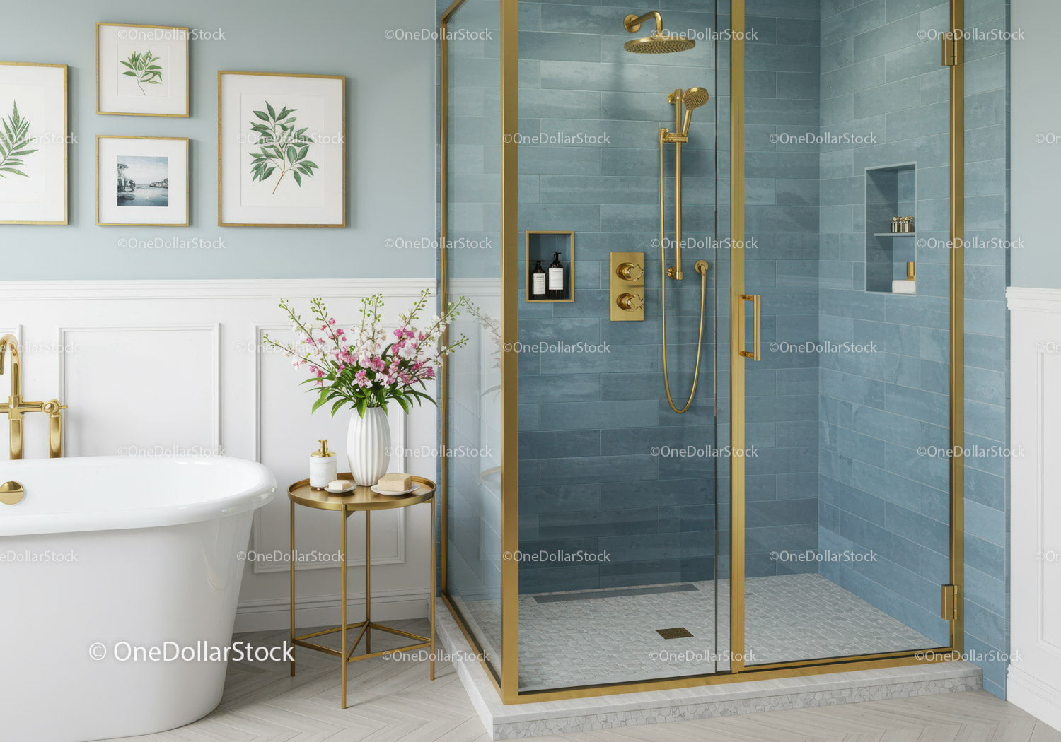 Elegant bathroom with gold accents and fresh flowers