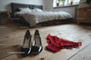 Chic Black Heels and a Red Lace Dress in a Cozy Bedroom Setting