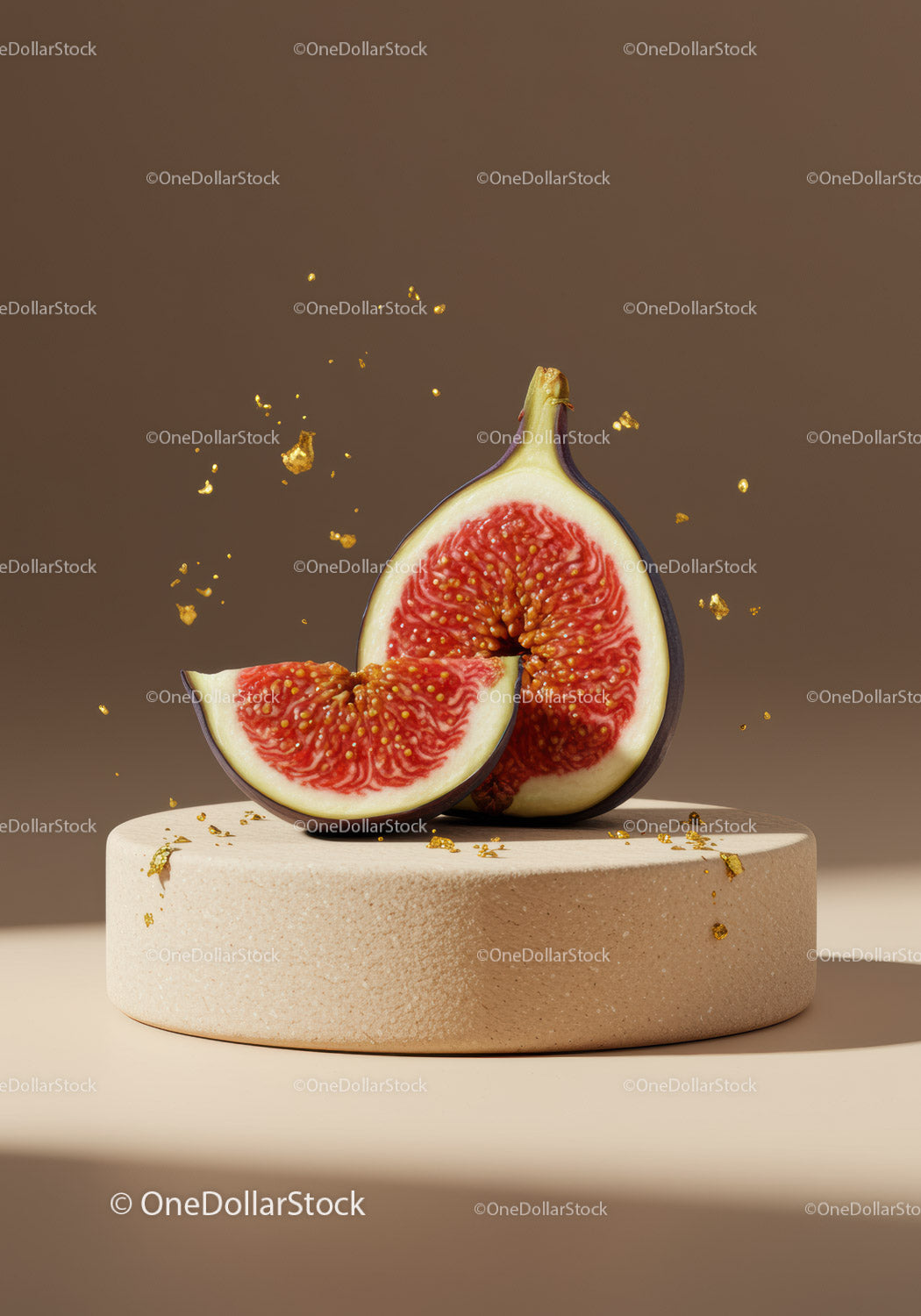Fresh fig halves resting on textured surface with gold flakes
