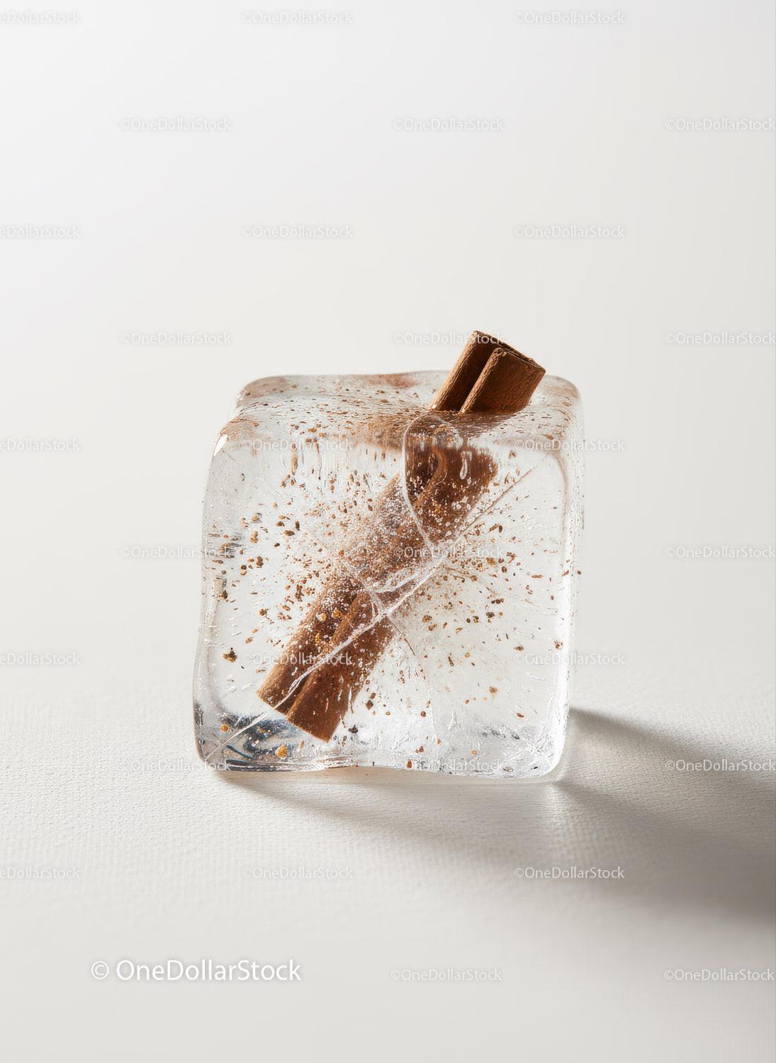Cinnamon Sticks Frozen Inside a Clear Ice Cube