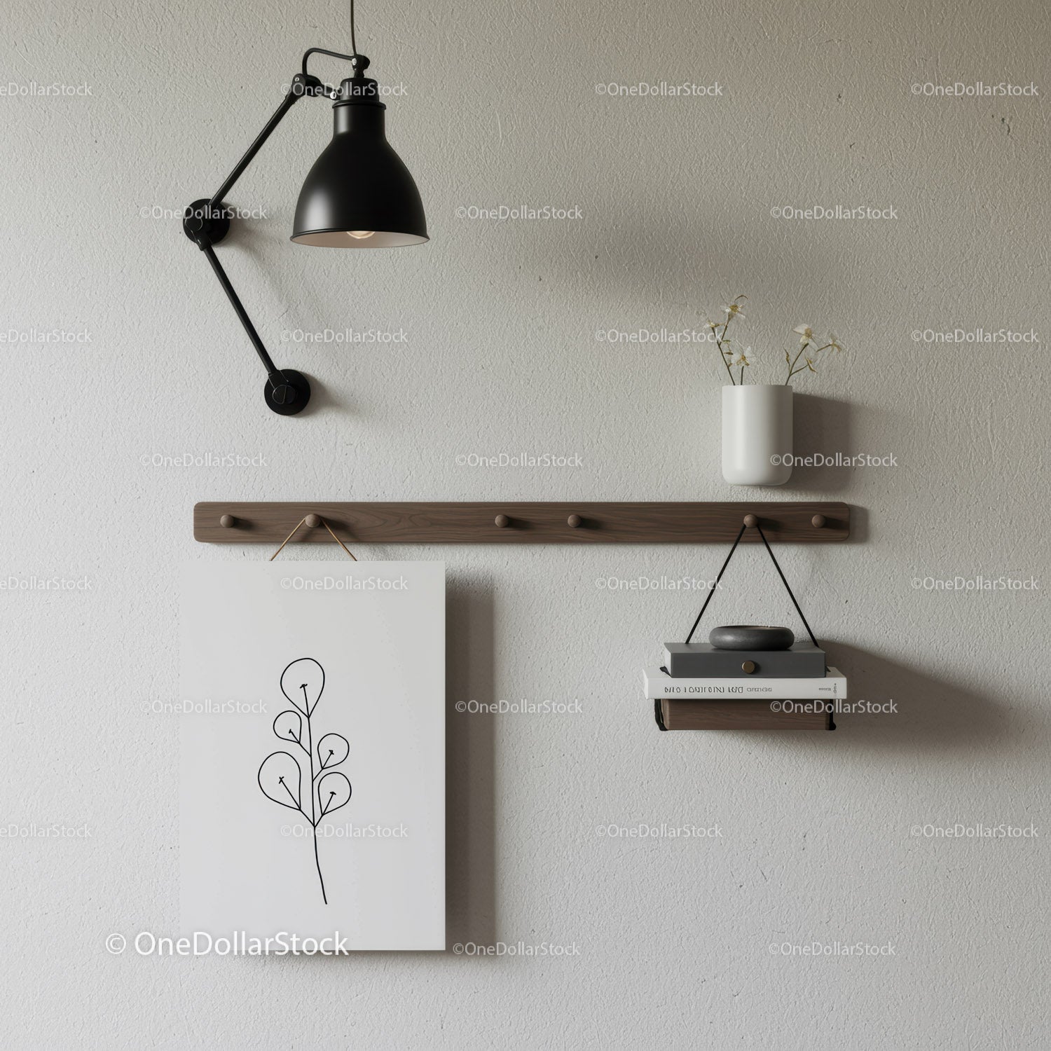 Elegancka dekoracja ścienna z drewnianą półką i czarną, regulowaną lampą