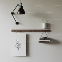 Elegant Wall Decor with Wooden Shelf and Black Adjustable Lamp
