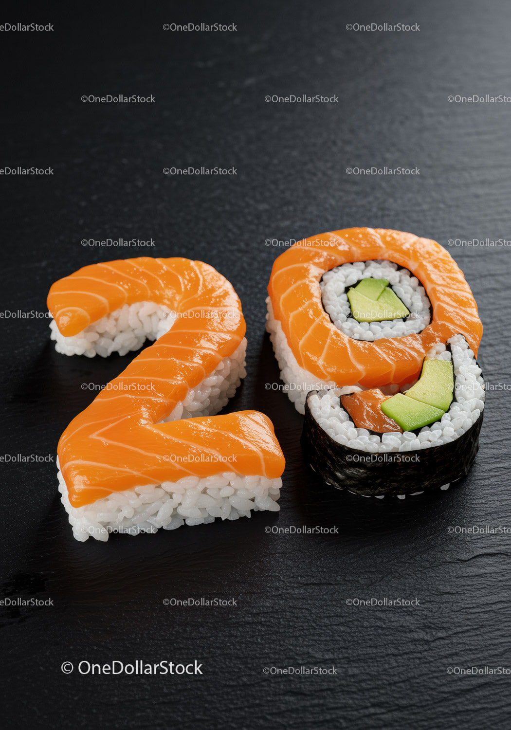 Kreatywne sushi w kształcie cyfry dwadzieścia osiem na ciemnej powierzchni
