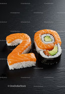 Creative sushi shaped as number twenty eight on dark surface